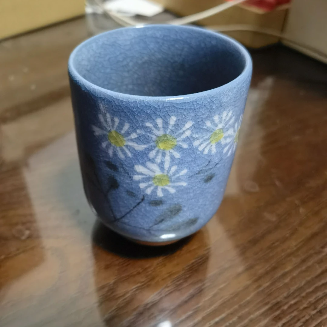 蓝釉菊纹汤吞杯手绘手工釉下彩