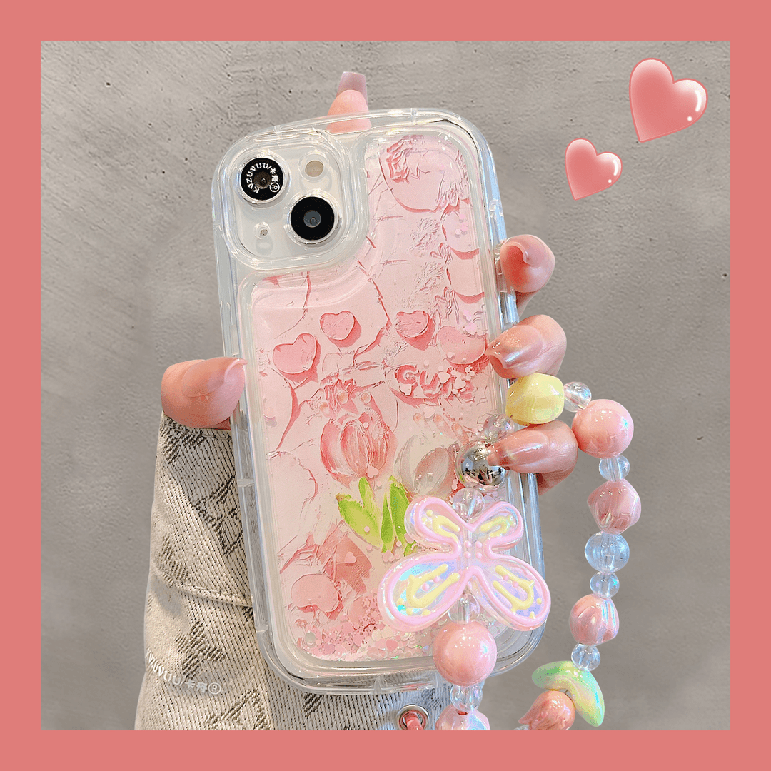 适用苹果15promax手机壳iphone14油画郁金香流沙手链13韩风新款12