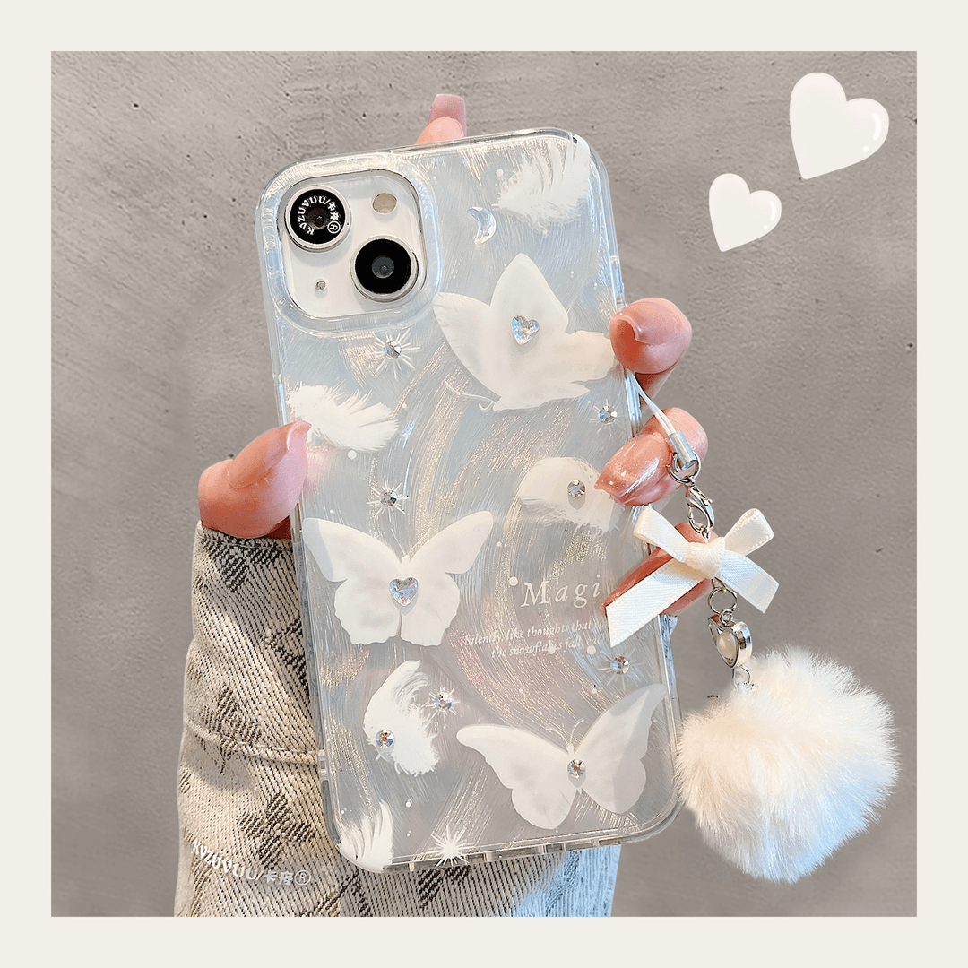 适用苹果15promax手机壳iphone14立体贴钻羽纱蝴蝶挂件13高级感12