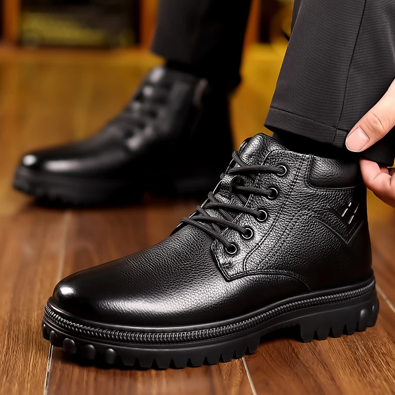 皮毛一体冬季新款加绒加厚头层牛皮休闲高帮棉鞋大棉保暖马丁靴