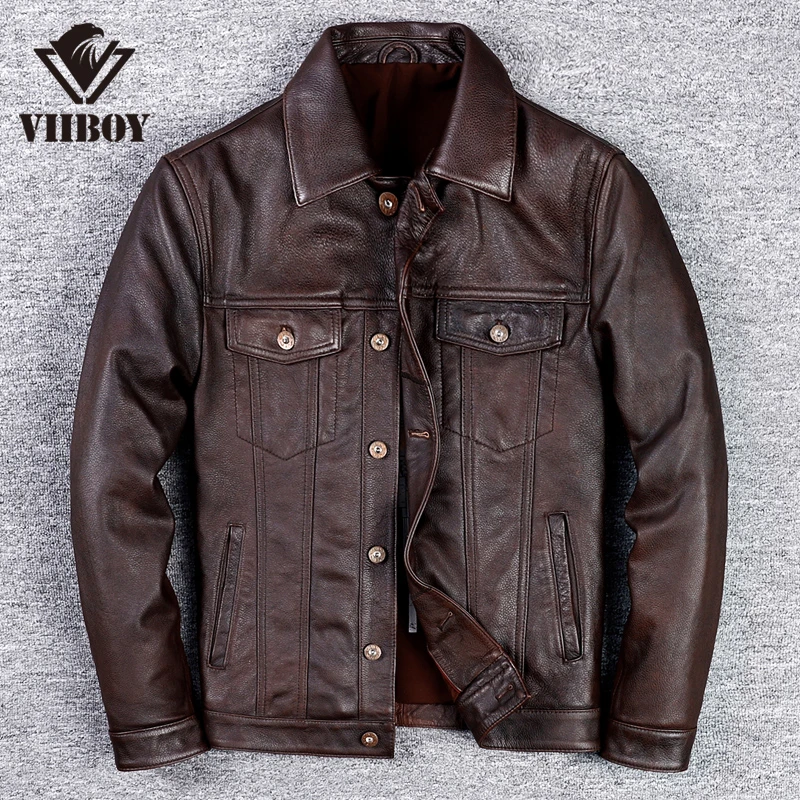 工业风复古做旧男款头层牛皮短款牛仔版夹克修身翻领真皮皮衣外套