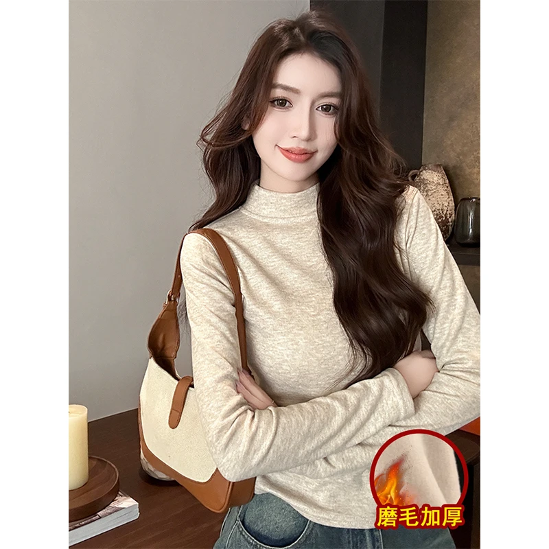戈缕加绒磨毛正肩半高领长袖t恤女2025春季新款修身显瘦打底上衣