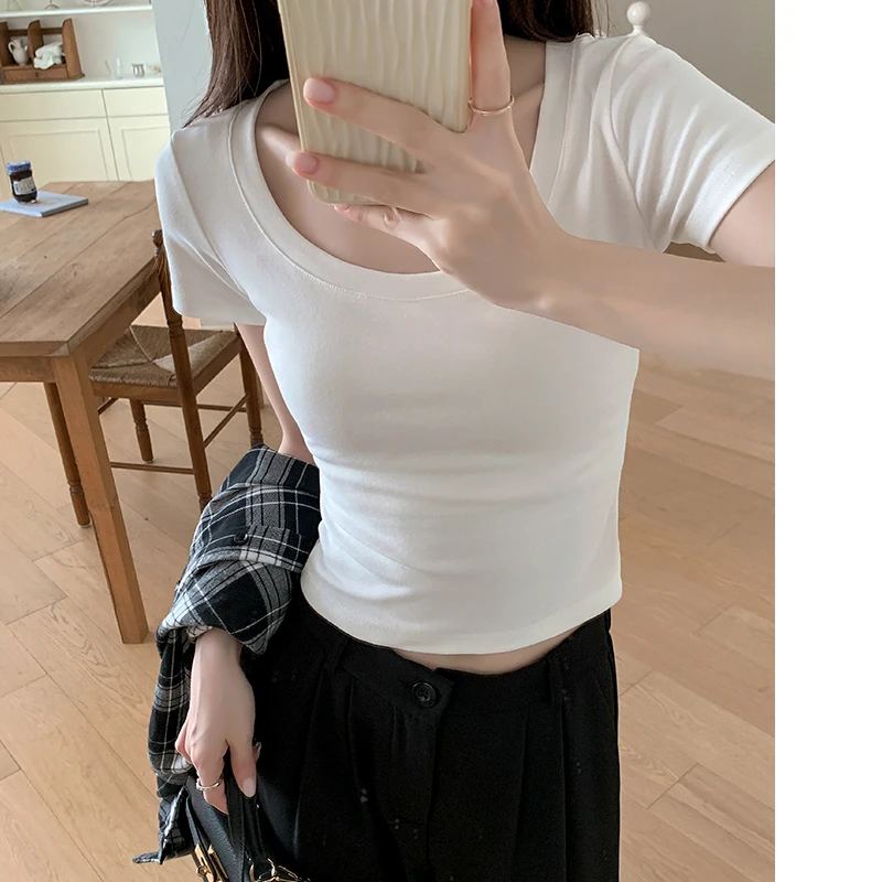 戈缕正肩露锁骨低圆领短款短袖T恤女夏季修身简单款百搭纯色上衣