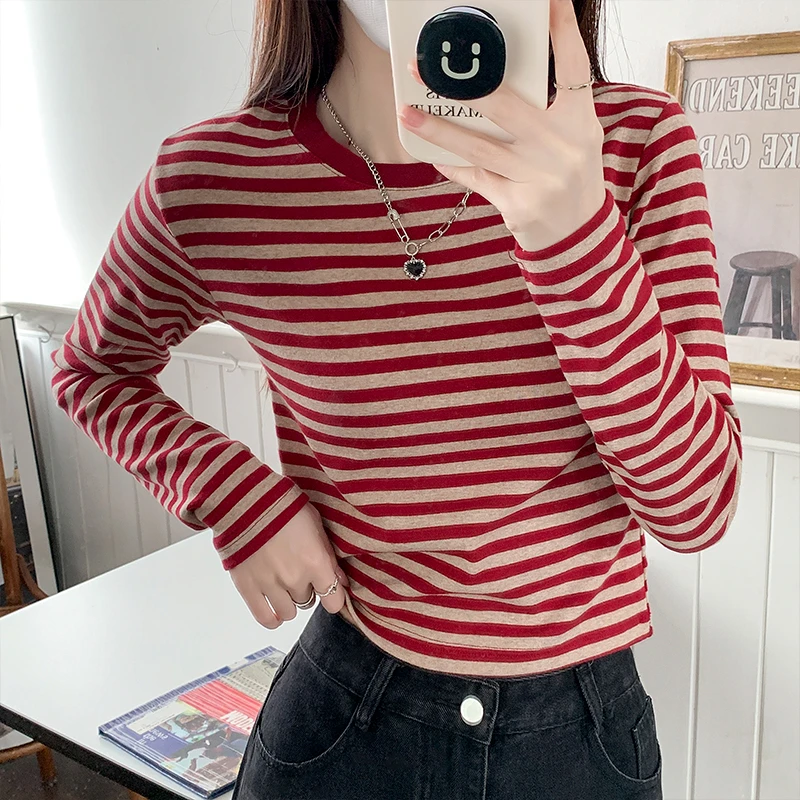 戈缕复古正肩圆领撞色条纹长袖t恤女2024秋冬新款显瘦打底衫上衣