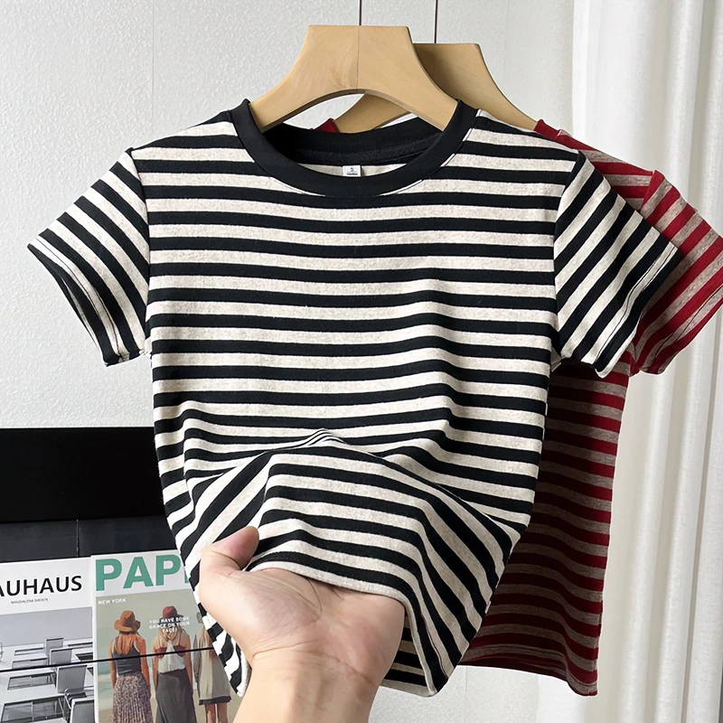 戈缕条纹短袖t恤女夏季港式复古正肩修身显瘦减龄短款上衣打底衫