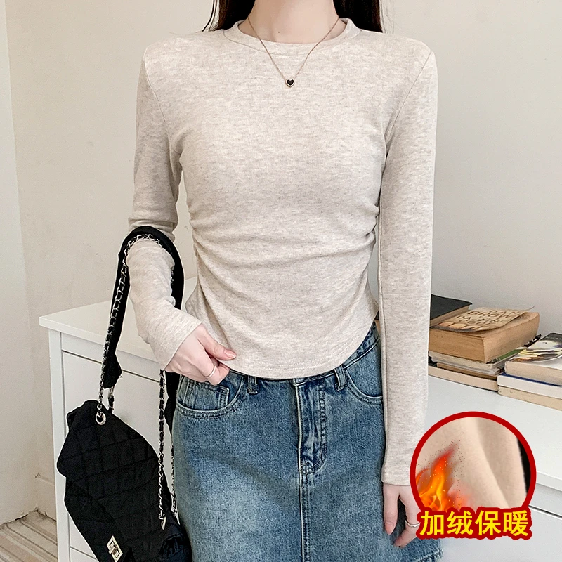 加绒加厚圆领T恤女秋冬季新款抽褶设计感修身显瘦内搭保暖打底衫