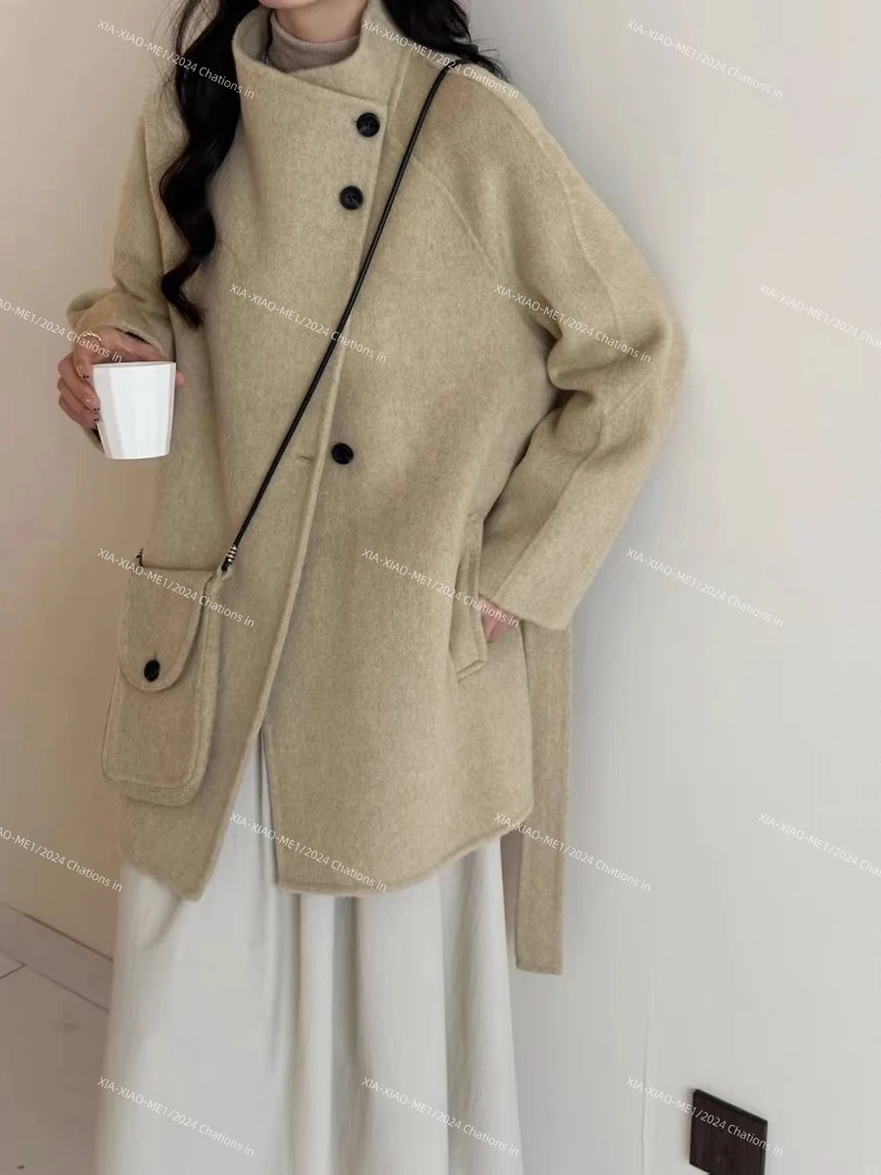 XIAOMEI ｜中长款双面手缝大衣立领配包气质-1274