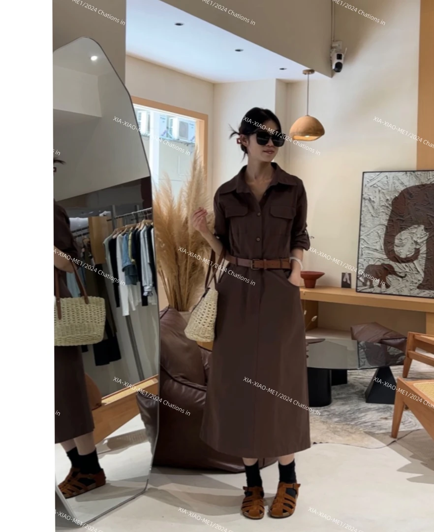 XIAOMEI | 气质衬衫长裙后开叉收腰显瘦长袖连衣裙配腰带991