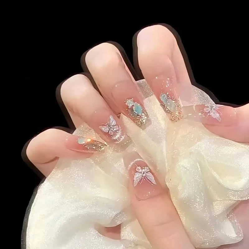 纯手工穿戴甲手作高级仙气花蝴蝶舞腮红法式猫眼钻手工美甲成品女