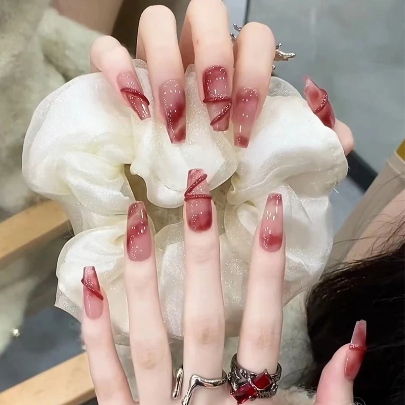 推荐纯手工美甲穿戴甲假指甲贴片千禧辣妹红色晕染丝带纯欲古韵新