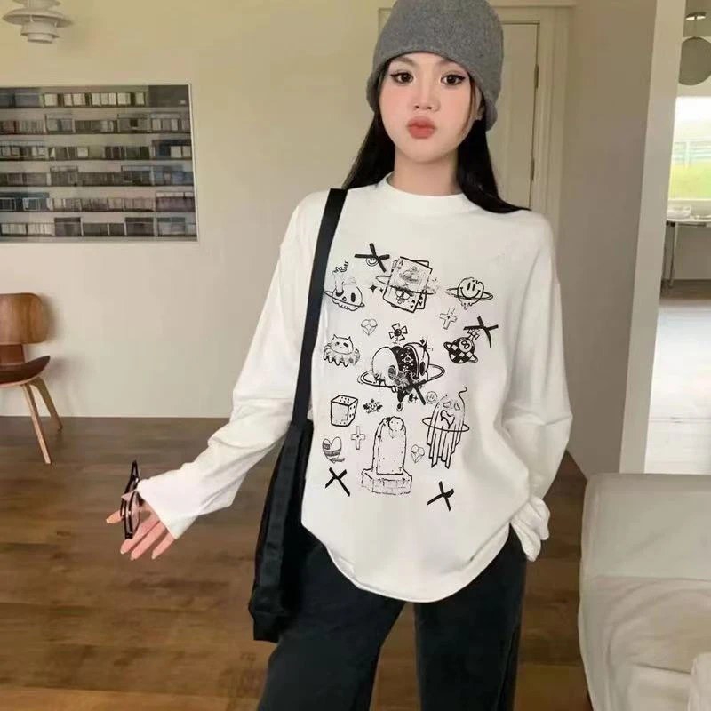 ZHULIN-美式蕾丝土星印花-插肩长袖休闲百搭修身上衣