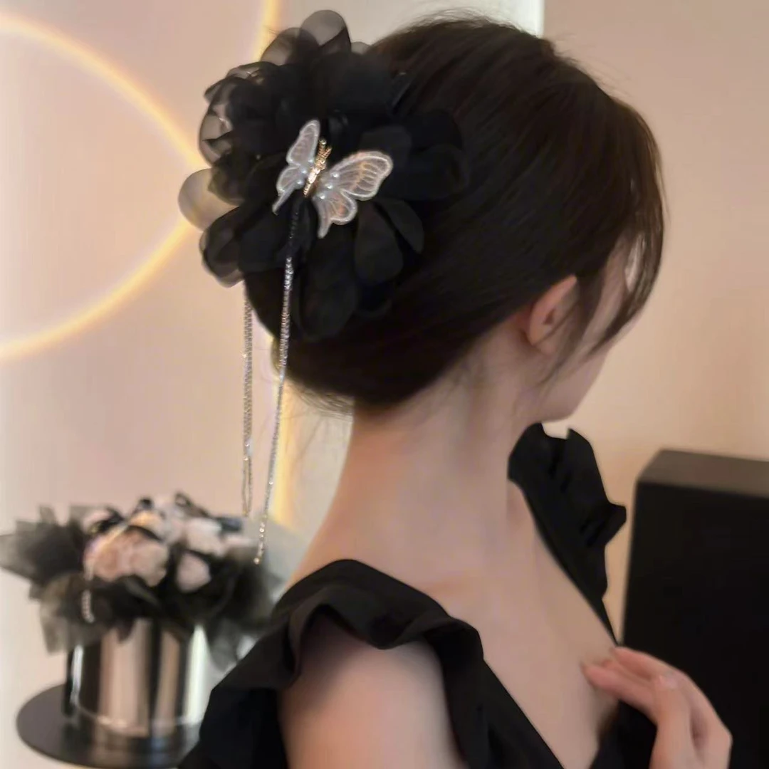 MINGFANXI/名梵希超仙刺绣蝴蝶绢花抓夹多层立体花朵流苏鲨鱼夹