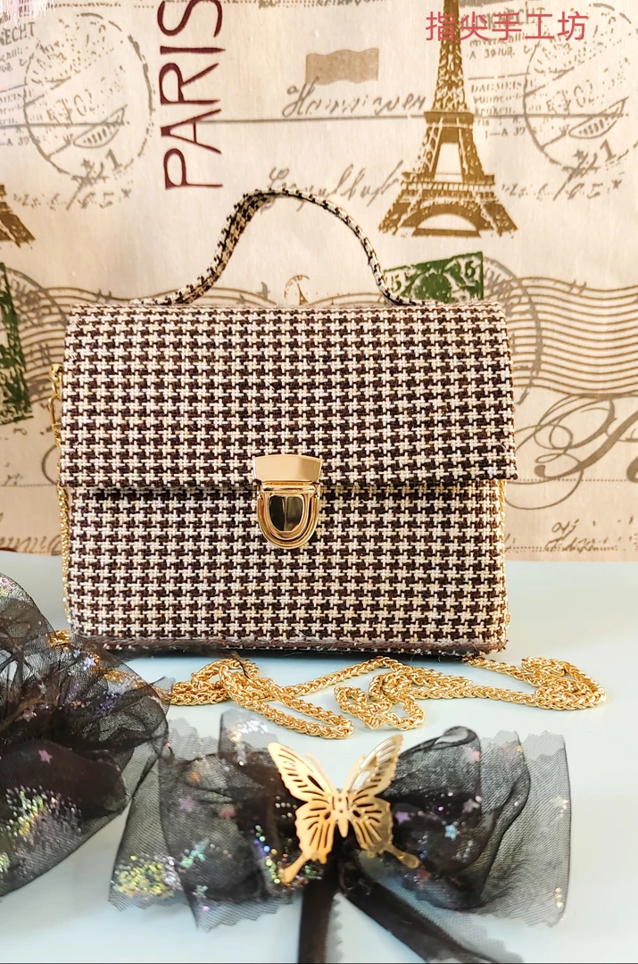 《指尖手工坊》小香风包包时尚百搭女士单肩斜跨千鸟格民族风女包