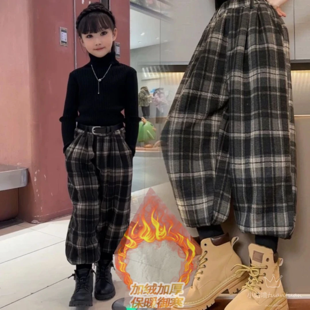 女童秋冬加绒格子裤新款儿童加厚灯笼裤大童冬装保暖束脚裤潮显瘦