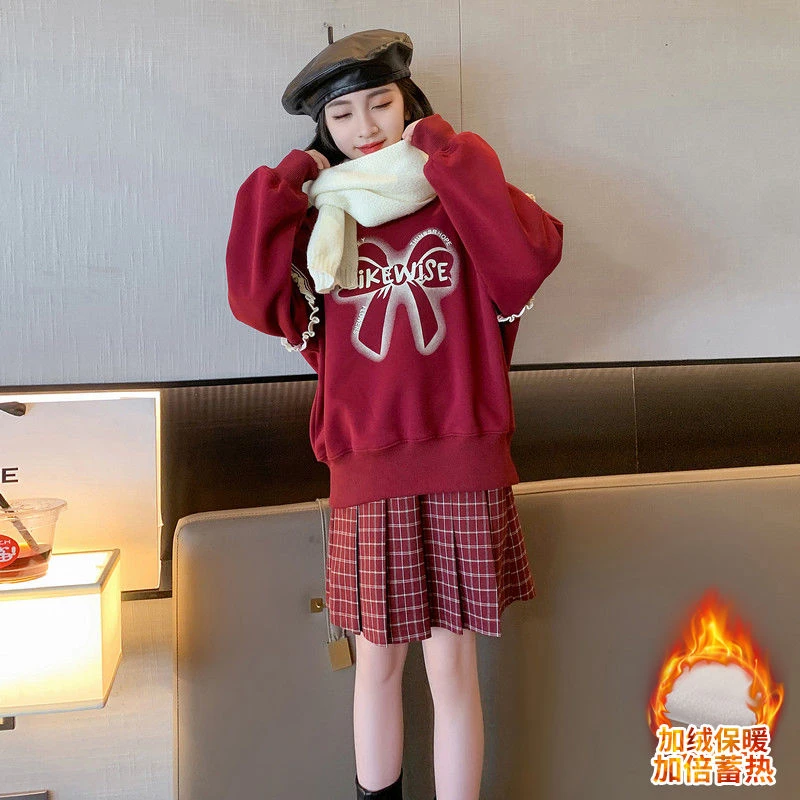 女童一体绒卫衣秋冬装新款女大童秋装套装裙儿童冬季加厚上衣洋气