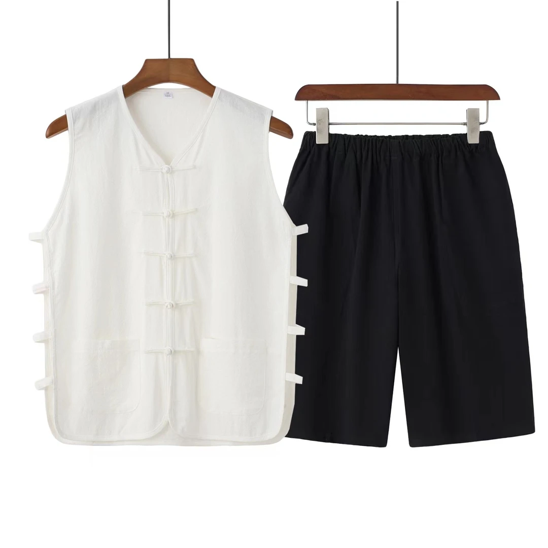 夏季无袖男士唐装马褂背心薄款复古中式老年中国风加肥马甲套装