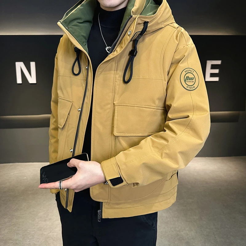 90绒 爆款工装连帽重工潮流羽绒服男拼接加厚保暖假两件外套潮牌