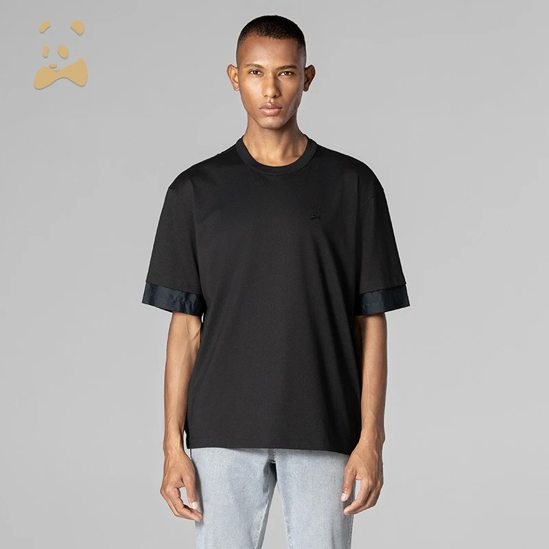 【潮流探色】卡奴迪路时尚拼接宽松短袖t恤男士熊猫棉T-5122405