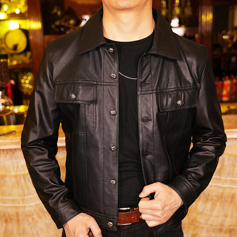 新头层植鞣山羊皮夹克翻领修身男士真皮皮衣短款机车休闲韩版外套