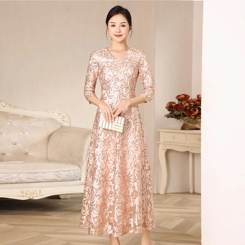 新款2024爆款高档婚礼优雅妈妈年轻喜婆婆宴会演出服中长款晚礼服