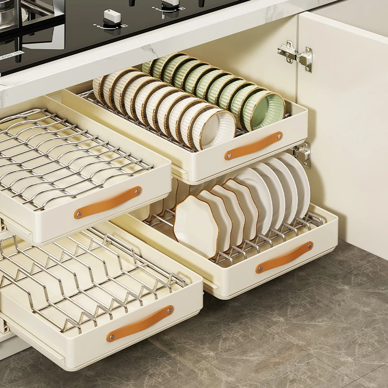 厨房抽拉碗碟收纳架不锈钢抽屉式置物架家用橱柜内拉篮碗盘沥水架