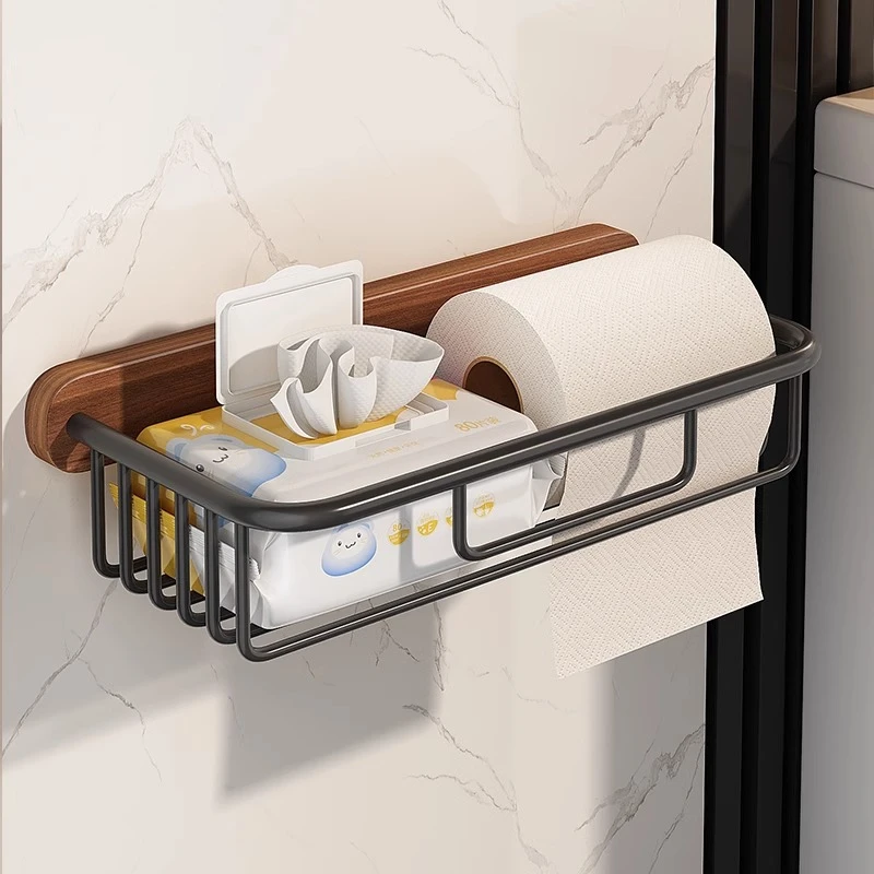 胡桃木卫生间厕纸盒免打孔厕所纸巾架卫生纸置物架悬挂式卷纸收纳