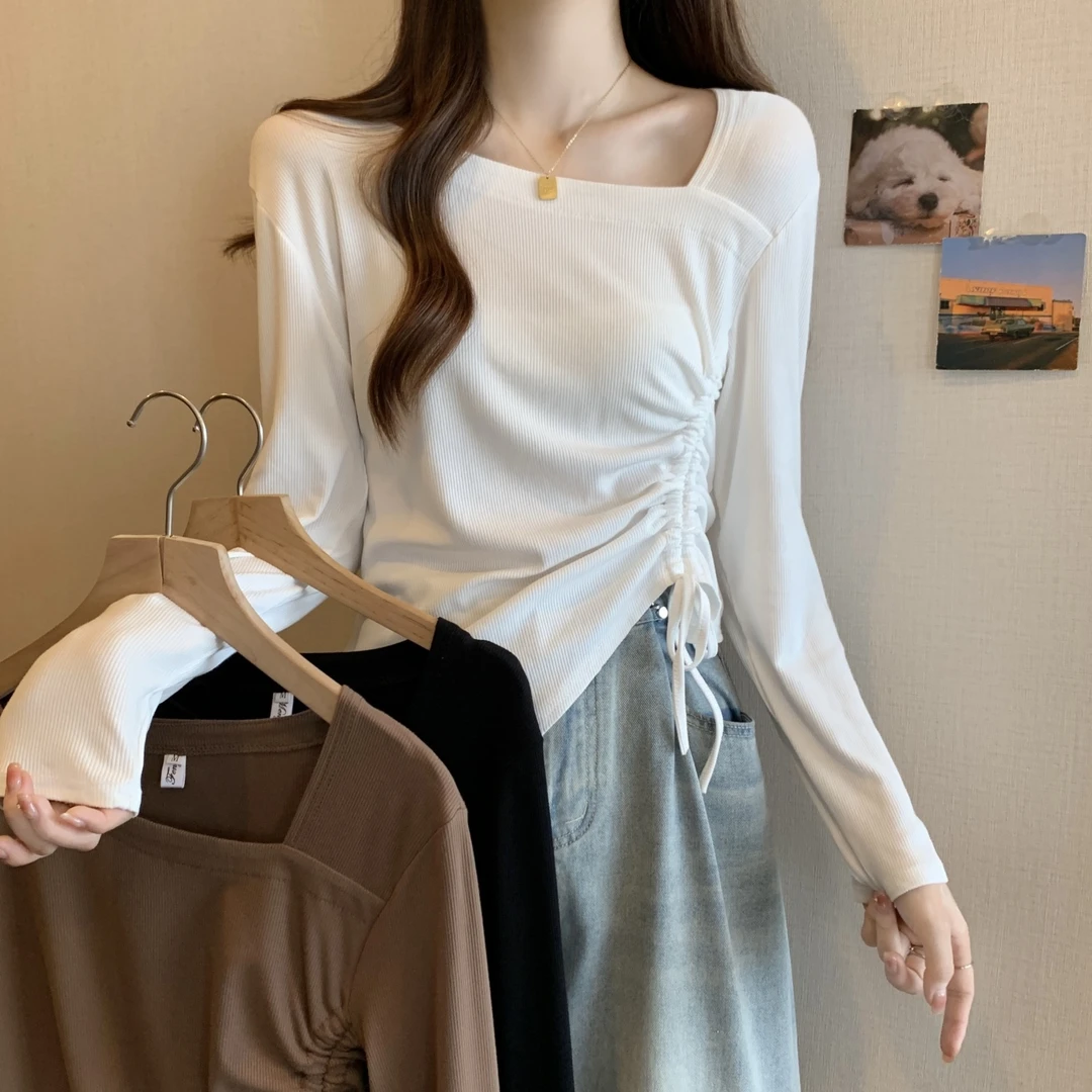 大码女装韩版洋气方领抽褶上衣女秋新款胖mm遮肚显瘦长袖打底T恤