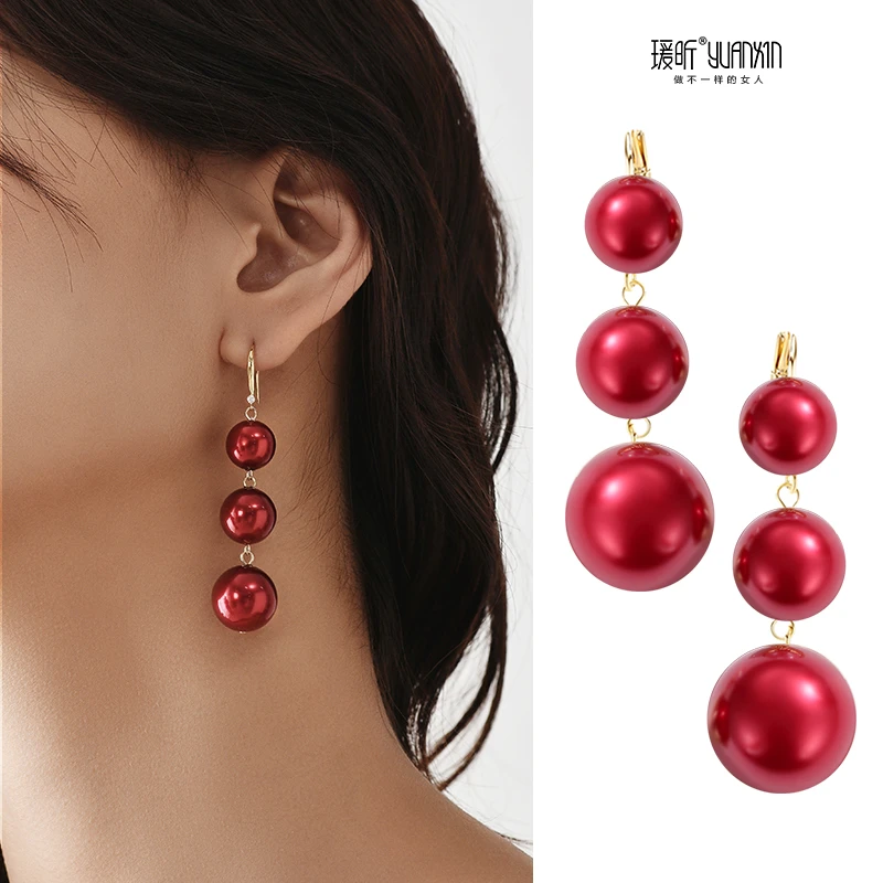 铜合金仿珍珠耳饰 红色珍珠耳环长款耳钩耳钉耳夹无耳洞女新娘耳