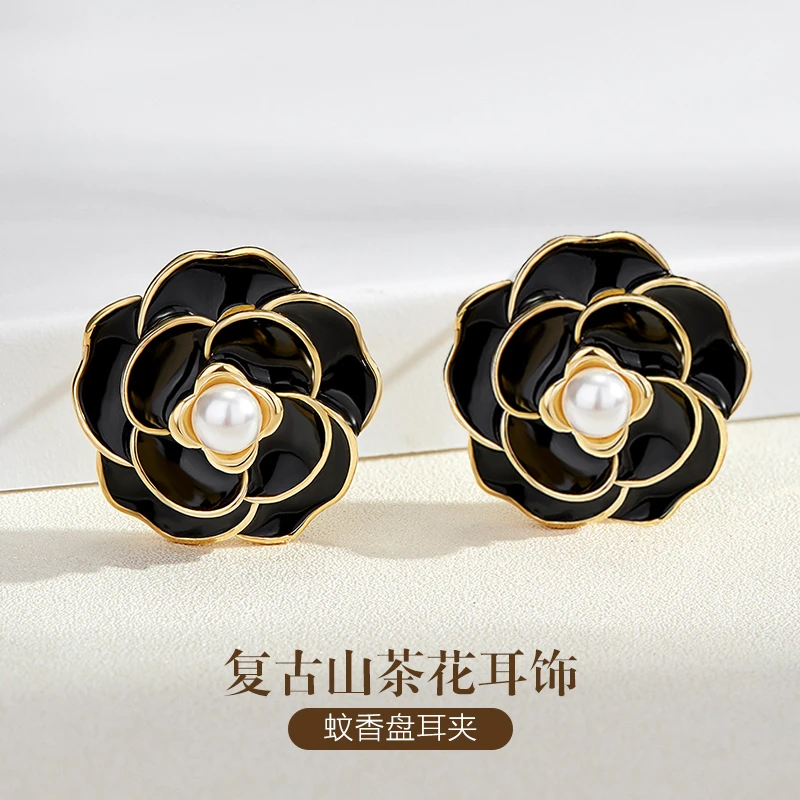 铜合金耳饰 小香风耳夹无耳洞女小众高级感山茶花耳钉蚊香盘耳环