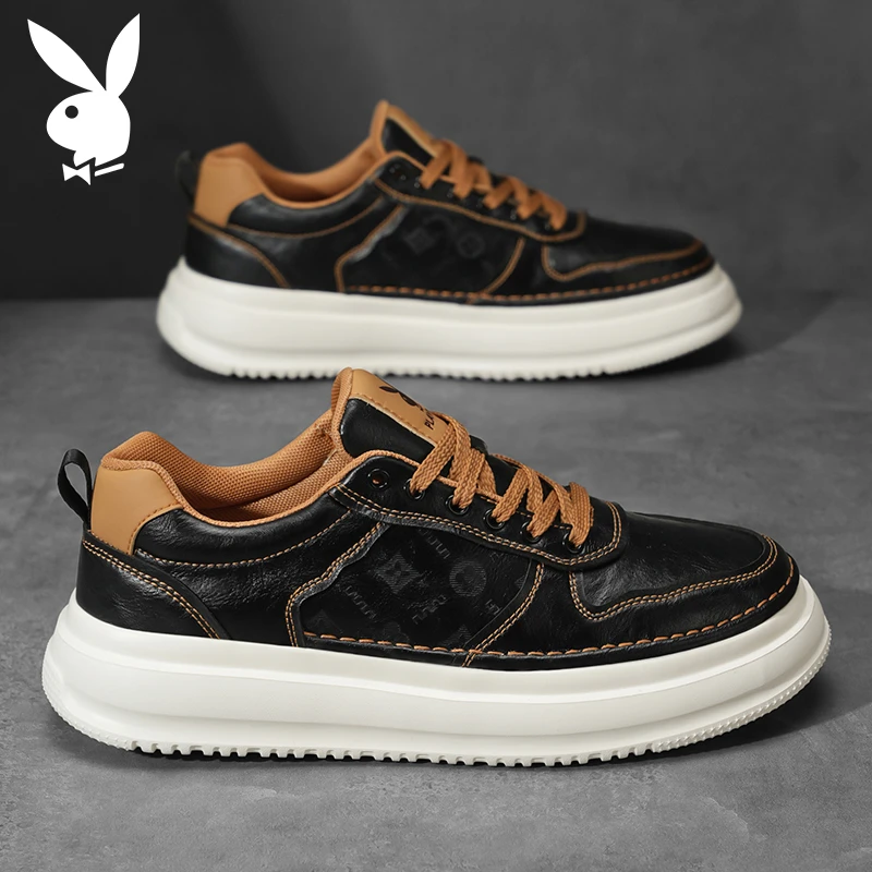 花花公子男鞋秋冬季新款百搭板鞋子男款运动休闲皮面男生厚底鞋