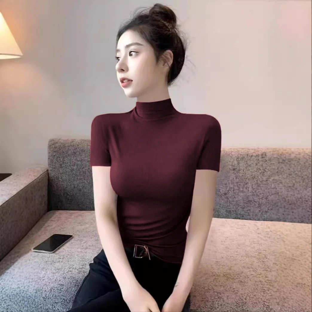 【锦悦丝府】新款半高领短袖T恤打底衫新款洋气上衣莫代尔内搭薄款