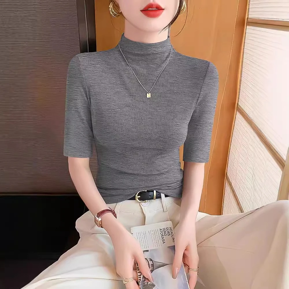 [希希定制]暗花灰色中袖螺纹半高领T恤女 2025新款打底衫内搭春秋