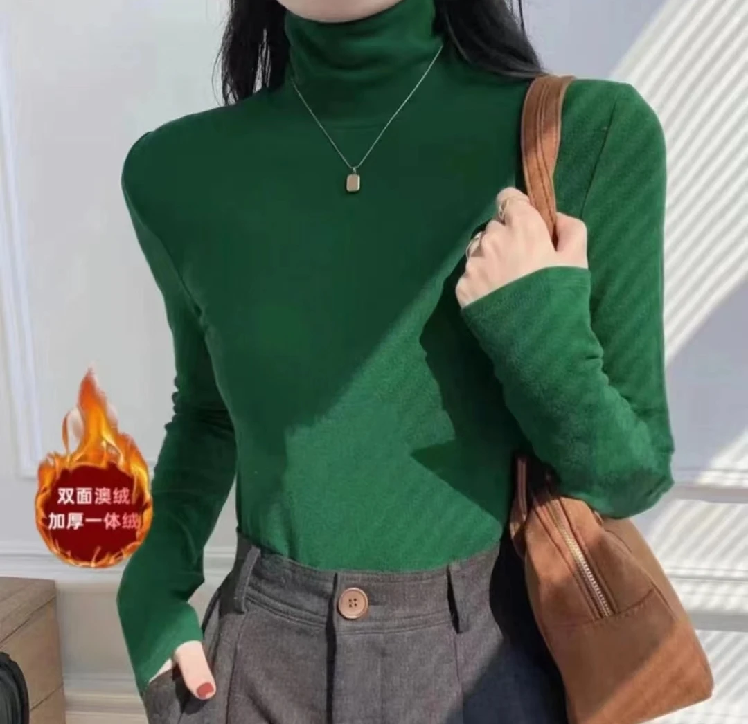 高品质欧货秋冬加绒加厚百搭双面堆堆领长袖保暖弹力打底衫网红