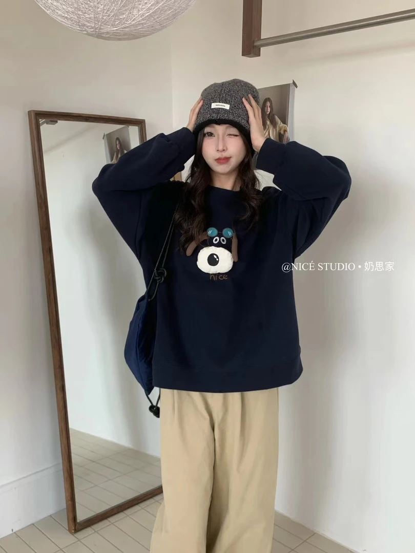 1880美式小狗卫衣外套女秋冬新款爆款宽松慵懒风加绒无帽刺绣上衣