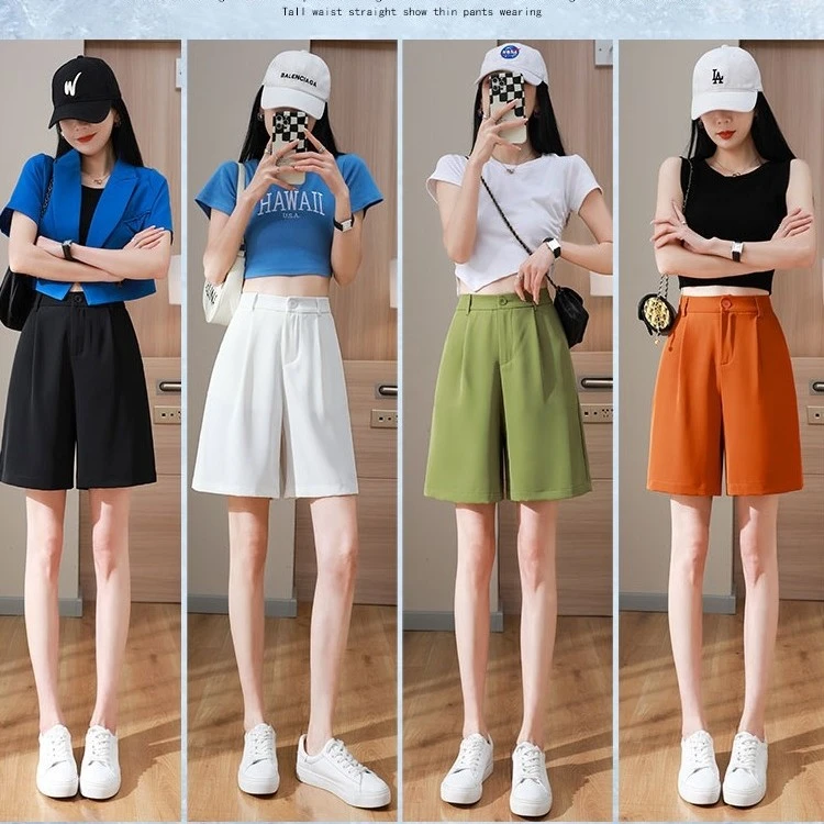 白色西装短裤女夏薄款宽松阔腿大 码高腰a字显瘦休闲中裤五分裤子