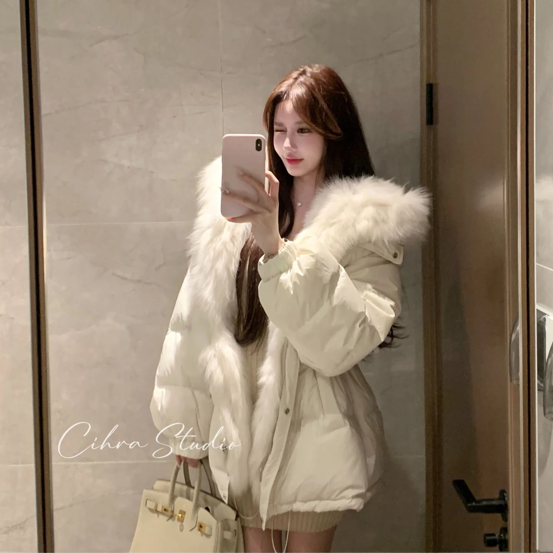 Cihra 【初雪降临】超大狐狸毛领收腰中长款白鸭绒羽绒服冬季面包服