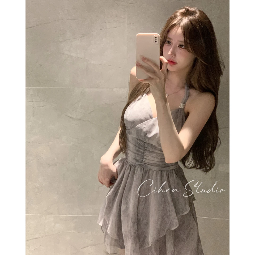 Cihra【桂馥兰香】 气质水墨碎花吊带裙收腰无袖短款连衣裙
