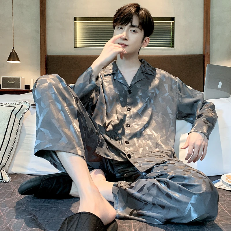 睡衣男士春秋季冰丝长袖夏天仿真丝绸钻石薄款四季款家居服男套装