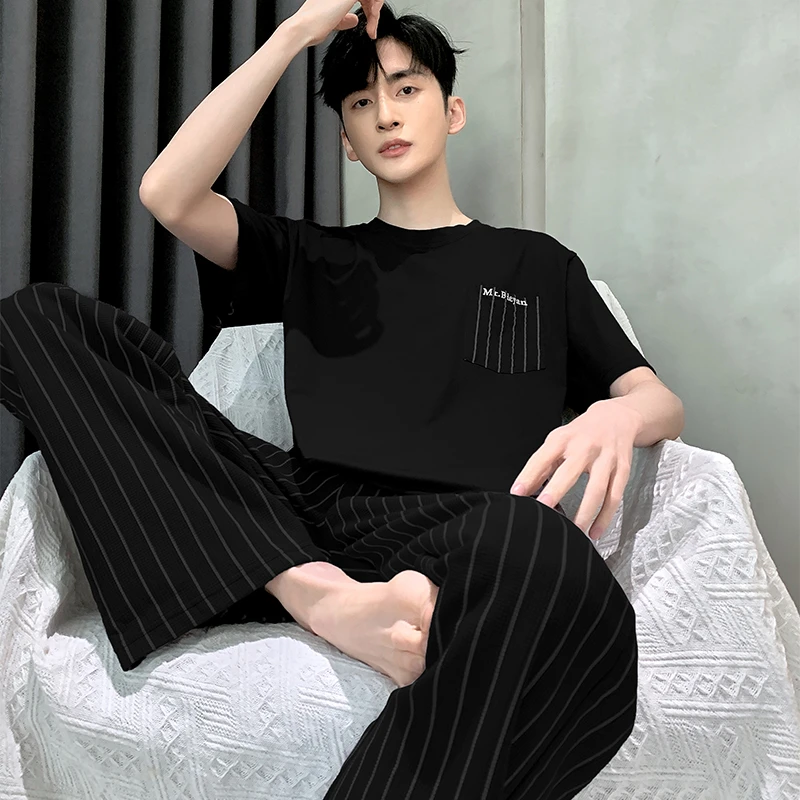 2025年睡衣男士夏季莫代尔短袖长裤黑色条纹可外穿家居服男式