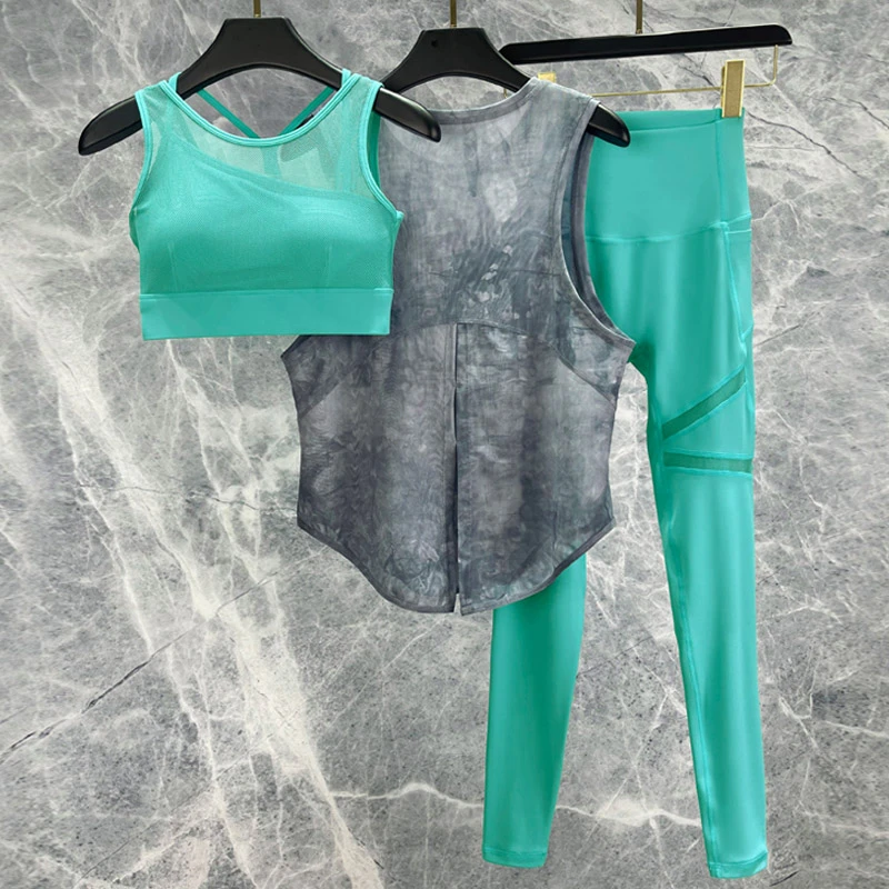 2025新款瑜伽服网纱罩衫夏天时尚运动速干专业健身衣服女跑步套装