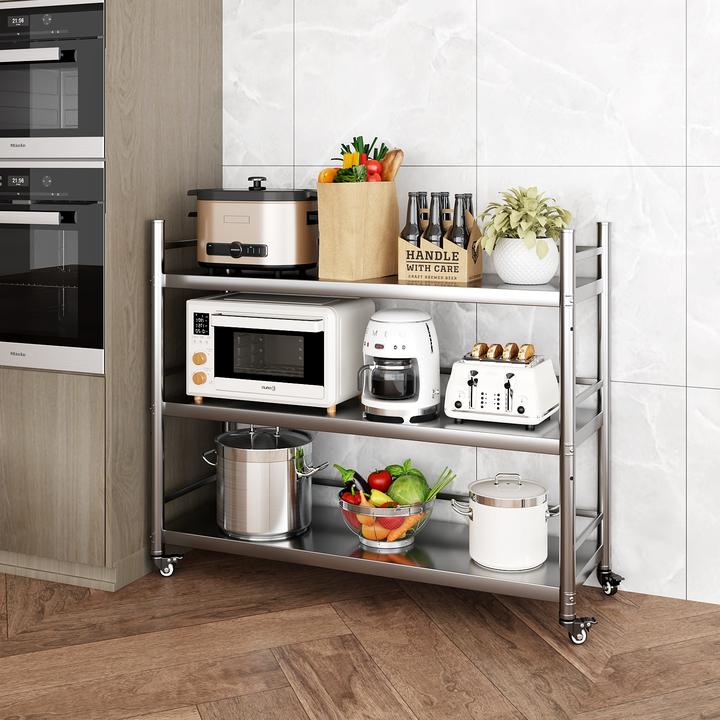 三层不锈钢带围栏厨房置物货架子落地客厅阳台收纳储物可移动定制