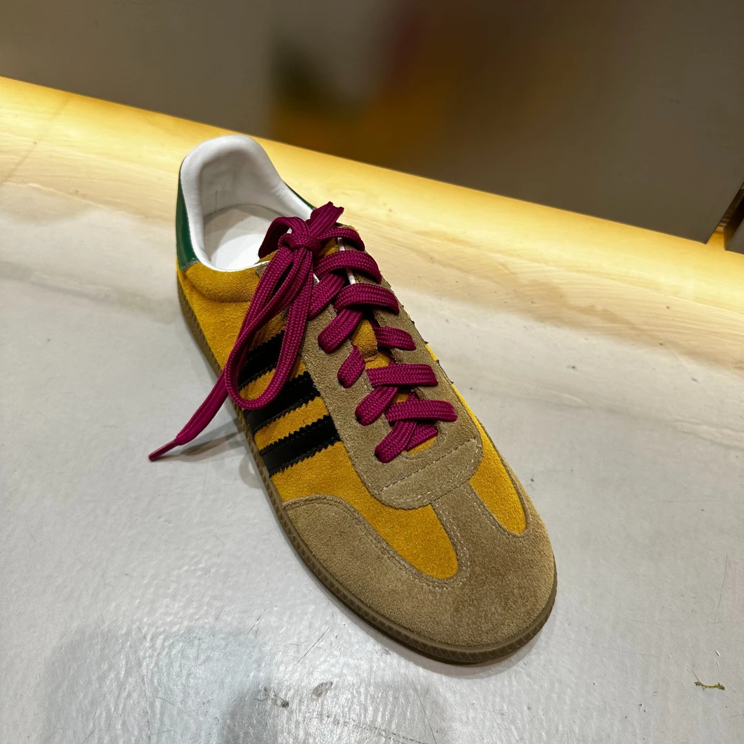 撞色时尚黄拼红真皮牛皮德训鞋女小众鞋运动鞋拼色平底休闲鞋