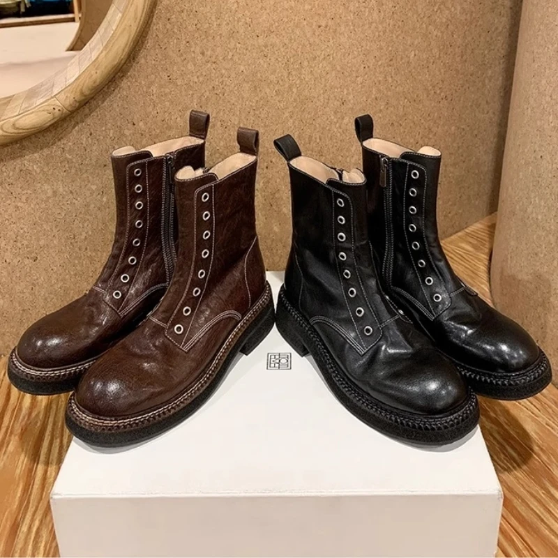 水洗马皮~复古厚底圆头八孔侧拉链机车显瘦马丁靴女短靴骑士靴女