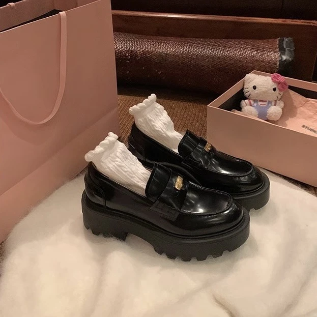 牛皮版~6CM增高贵气小金币圆头皮鞋粗跟厚底单鞋一脚蹬加绒乐福鞋