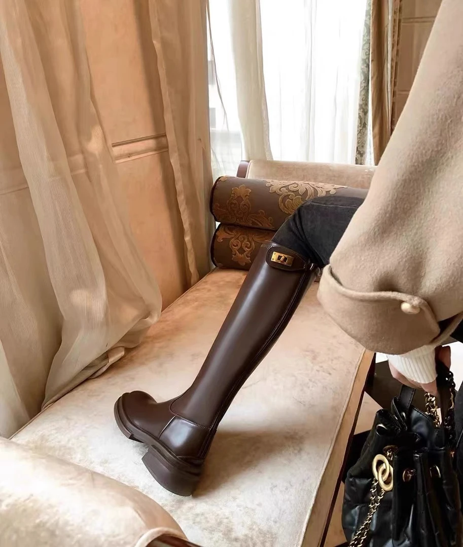新款长靴子平口显瘦女后拉链弹力时装高筒骑士靴秋冬不过膝长筒靴