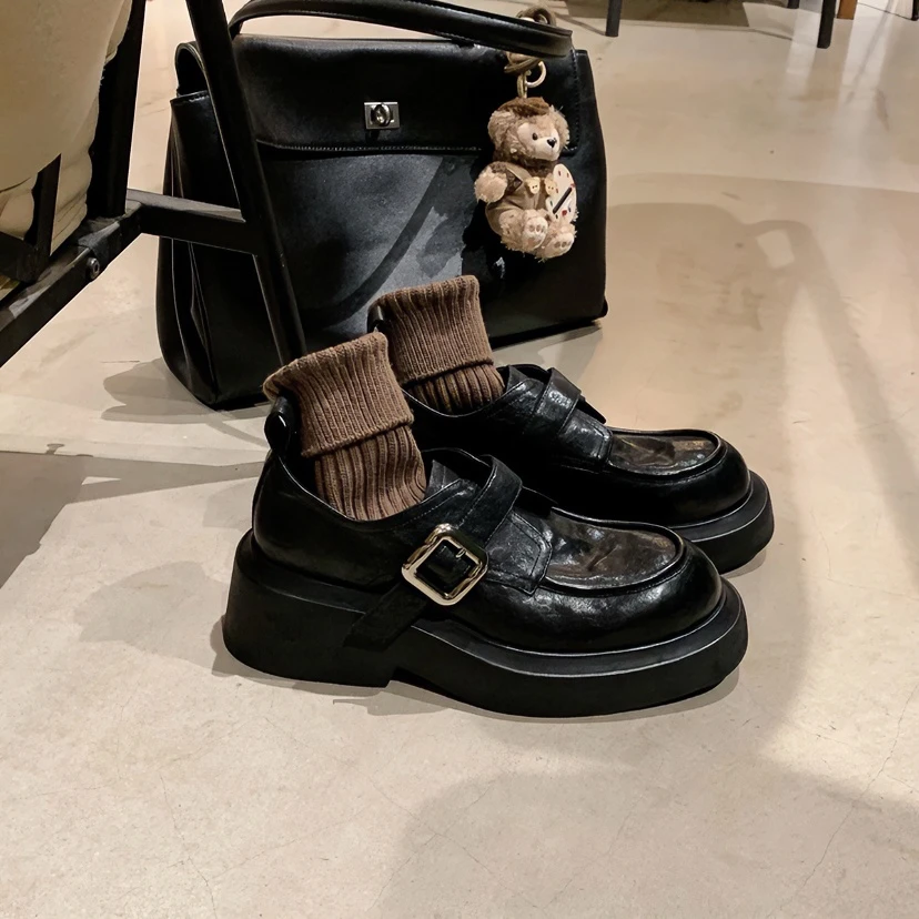 水洗牛皮~真皮复古一脚蹬厚底小皮鞋女秋冬英伦风粗跟乐福鞋单鞋