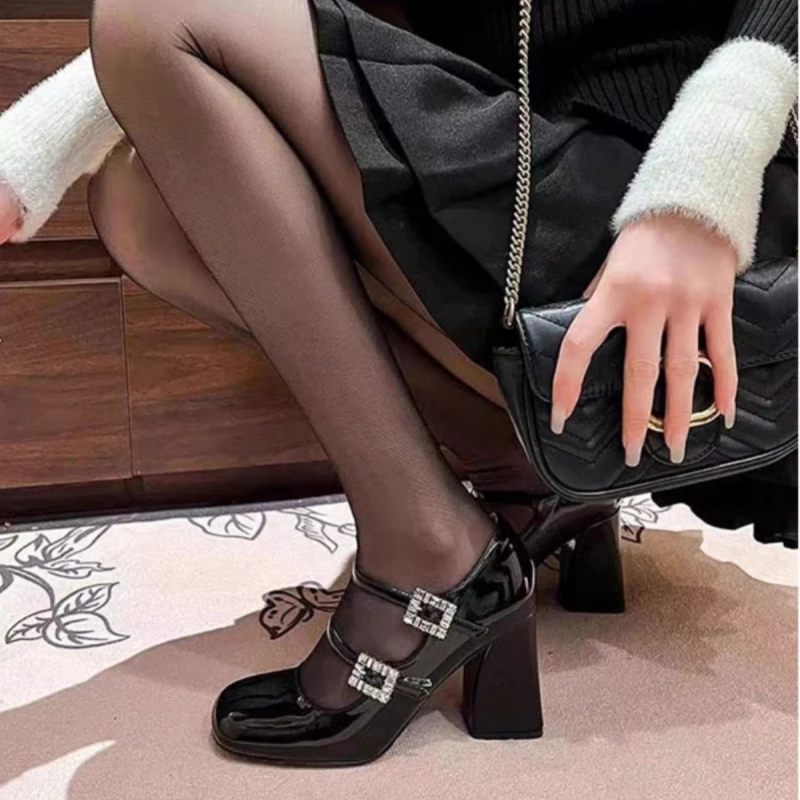 2025爆款洋气rv水钻法式一字带玛丽珍黑色高跟鞋真皮粗跟单鞋女