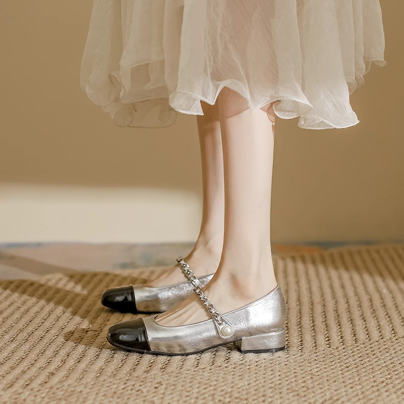 2025年百搭真皮法式小香风玛丽珍女鞋拼色粗跟方头浅口单鞋女夏季