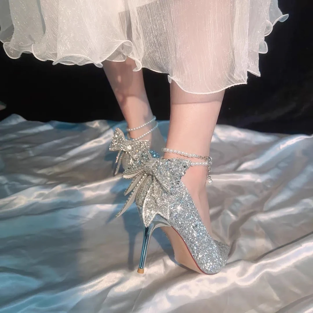 珍珠链脚环水晶高跟鞋新娘婚鞋婚纱温柔18成人礼蝴蝶结尖头女朋友