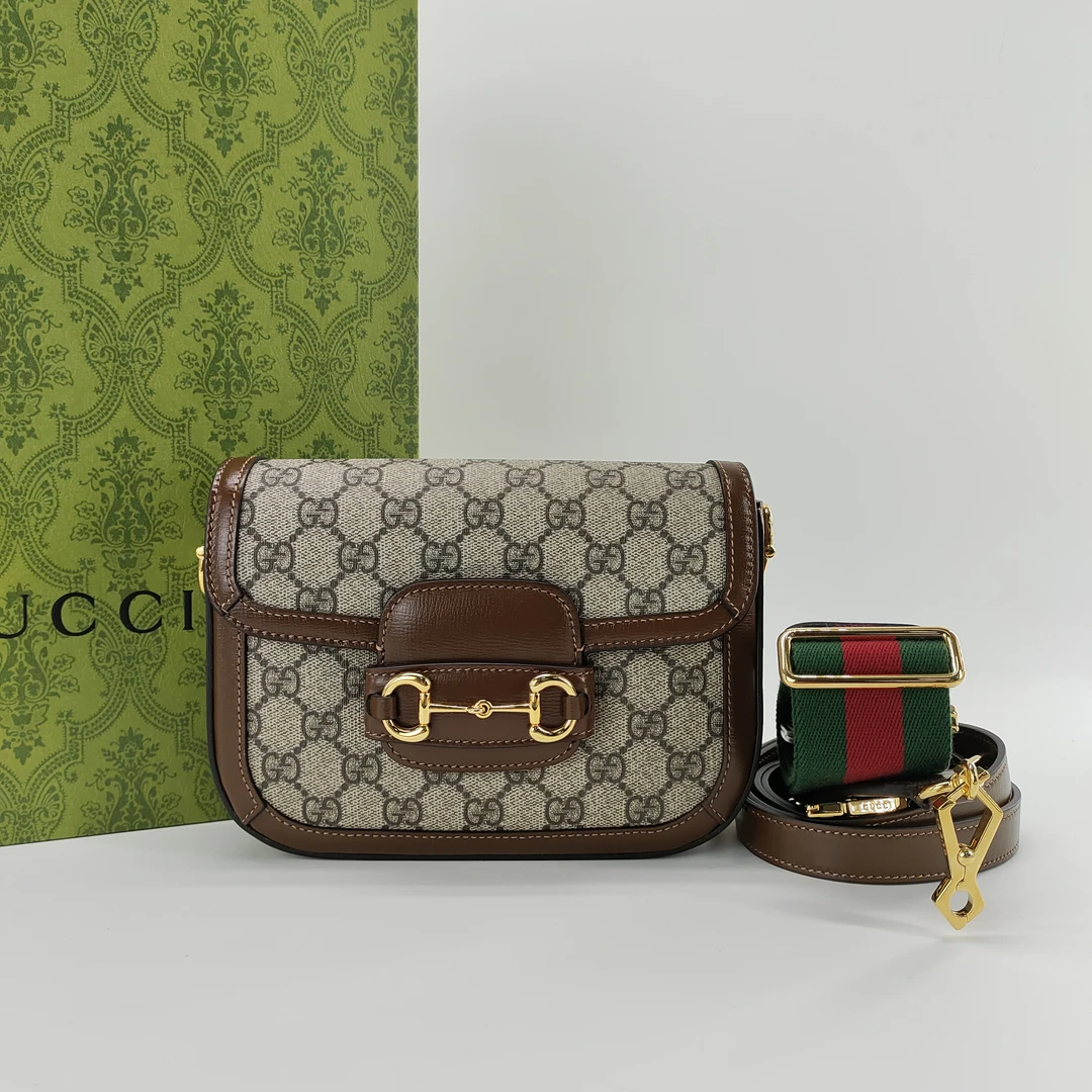 99新 GUCCI/古驰 马衔扣 1955 mini 棕老花 单肩斜挎包经典老花包
